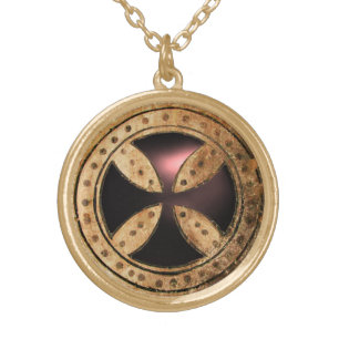 ANTIQUE TEMPLAR CROSS Black Onyx Gem Gold Plated Necklace