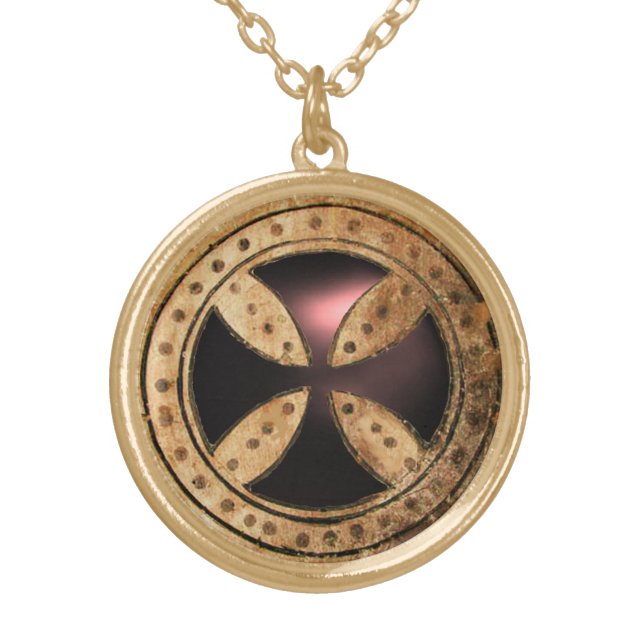 ANTIQUE TEMPLAR CROSS Black Onyx Gem Gold Plated Necklace (Front)