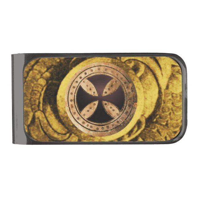 ANTIQUE TEMPLAR CROSS Black Onyx Gem Gunmetal Finish Money Clip (Front)