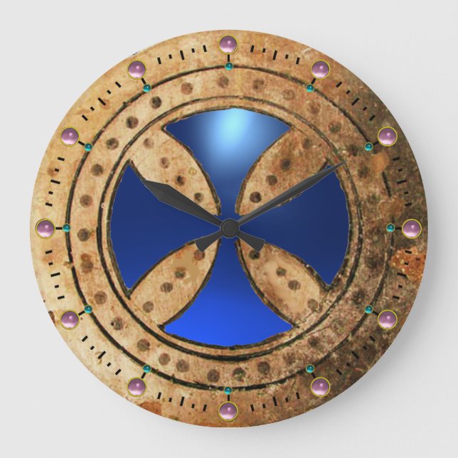 ANTIQUE TEMPLAR CROSS Blue Sapphire Gem Large Clock (Front)