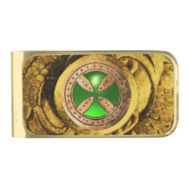 ANTIQUE TEMPLAR CROSS Green Emerald Gem Gold Finish Money Clip (Front)