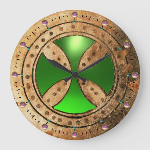 ANTIQUE TEMPLAR CROSS Green Emerald Gem Large Clock