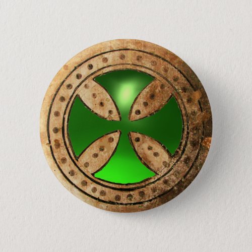 ANTIQUE TEMPLAR CROSS Green Emerald Gem Pinback Button