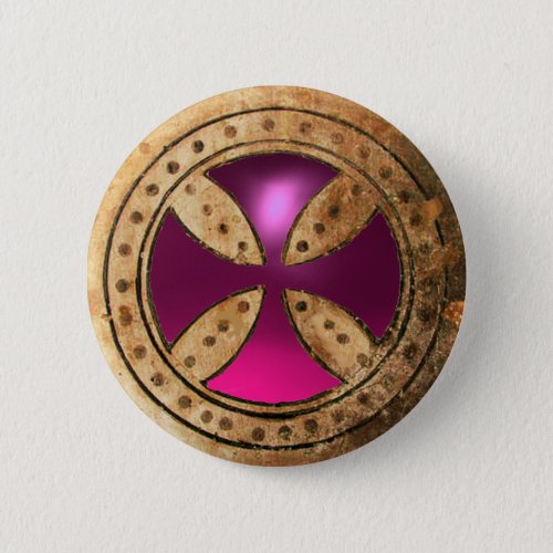 ANTIQUE TEMPLAR CROSS Pink Purple Amethyst  Gem Pinback Button