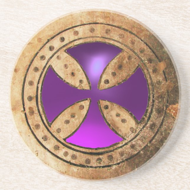 ANTIQUE TEMPLAR CROSS Purple Amethyst Gem Drink Coaster (Front)