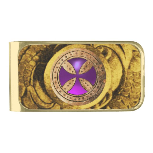 ANTIQUE TEMPLAR CROSS Purple Amethyst Gem Gold Finish Money Clip (Front)