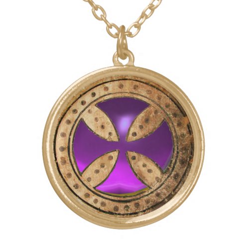 ANTIQUE TEMPLAR CROSS Purple Amethyst Gem Gold Plated Necklace