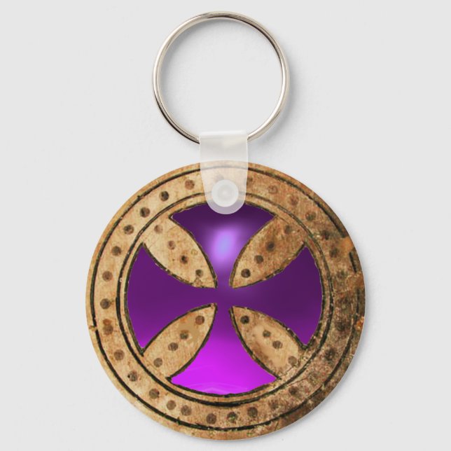 ANTIQUE TEMPLAR CROSS Purple Amethyst Gem Keychain (Front)