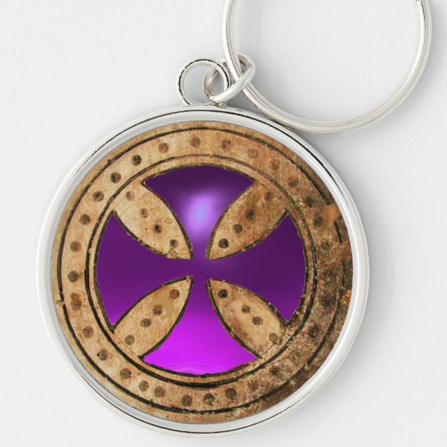 ANTIQUE TEMPLAR CROSS Purple Amethyst Gem Keychain (Front)