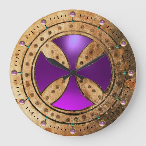 ANTIQUE TEMPLAR CROSS Purple Amethyst Gem Large Clock
