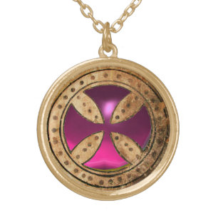 ANTIQUE TEMPLAR CROSS Purple Pink Amethyst Gem Gold Plated Necklace