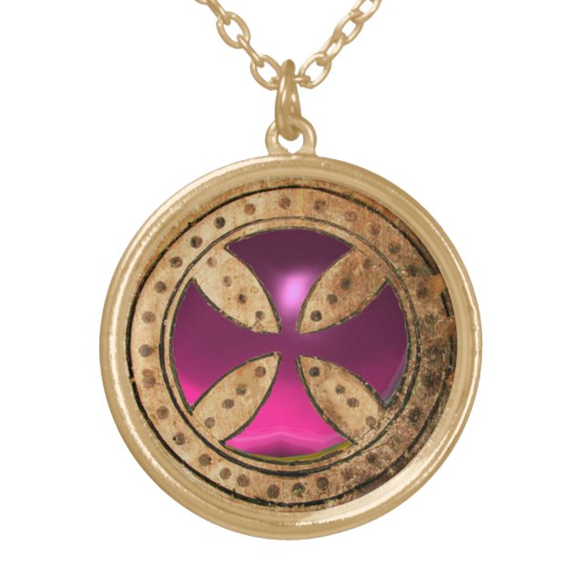 ANTIQUE TEMPLAR  CROSS Purple Pink Amethyst Gem Gold Plated Necklace (Front)