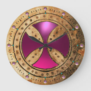 ANTIQUE TEMPLAR CROSS Purple Pink Amethyst Gem Large Clock