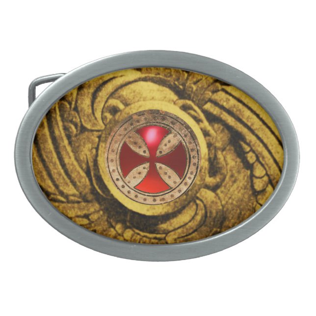 ANTIQUE TEMPLAR CROSS Red Ruby Gem Belt Buckle (Front)