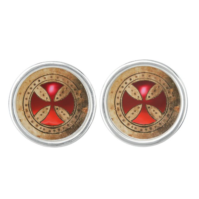 ANTIQUE TEMPLAR CROSS Red Ruby Gem Cufflinks (Front)