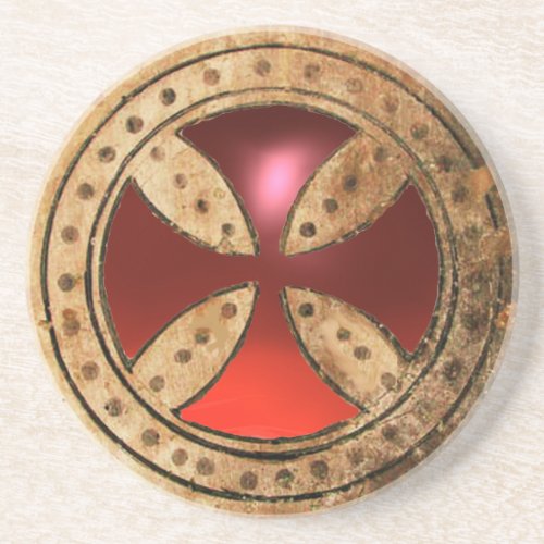 ANTIQUE TEMPLAR CROSS Red Ruby Gem Drink Coaster