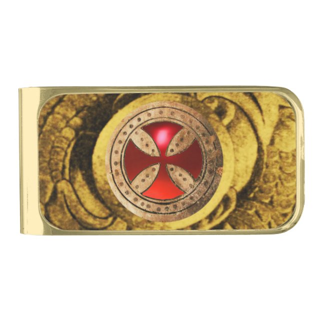 ANTIQUE TEMPLAR CROSS Red Ruby Gem Gold Finish Money Clip (Front)