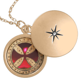 ANTIQUE TEMPLAR CROSS Red Ruby Gem Gold Plated Necklace
