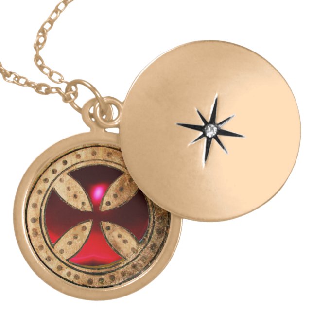 ANTIQUE TEMPLAR CROSS Red Ruby Gem Gold Plated Necklace (Front)