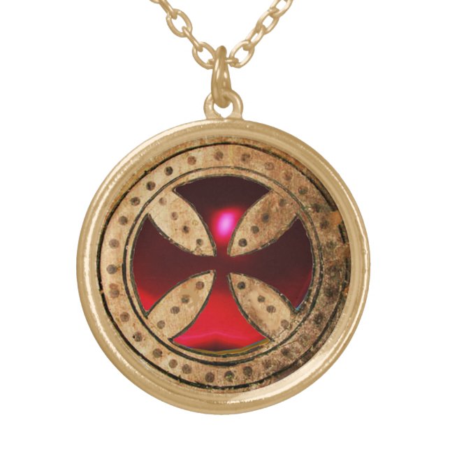 ANTIQUE TEMPLAR CROSS Red Ruby Gem Gold Plated Necklace (Front)