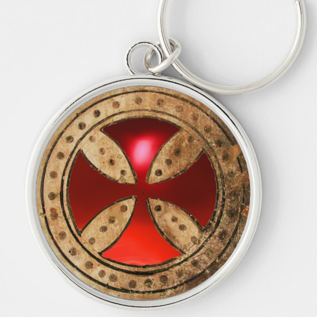 ANTIQUE TEMPLAR CROSS Red Ruby Gem Keychain (Front)