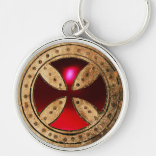 ANTIQUE TEMPLAR CROSS Red Ruby Gem Keychain