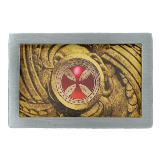ANTIQUE TEMPLAR CROSS Red Ruby Gem Rectangular Belt Buckle (Front)