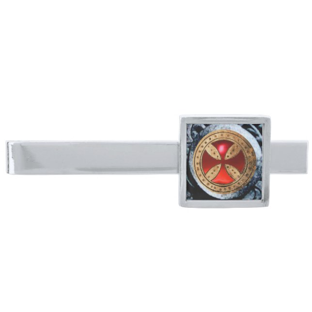 ANTIQUE TEMPLAR CROSS Red Ruby Gem Silver Finish Tie Clip (Front)