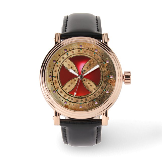 ANTIQUE TEMPLAR CROSS Red Ruby Gem Watch (Front)