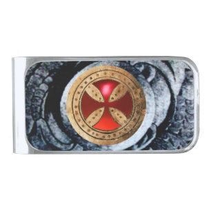 ANTIQUE TEMPLAR CROSS Silver Red Ruby Gem Finish Money Clip