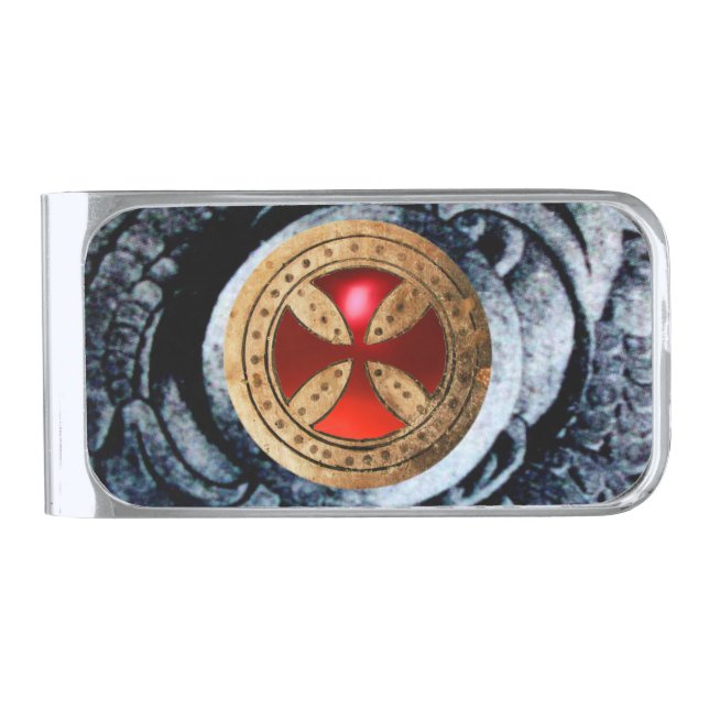 ANTIQUE TEMPLAR CROSS Silver Red Ruby Gem Finish Money Clip (Front)
