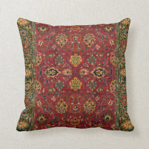 Antique Textile Design Burgundy and Green Throw Pillow