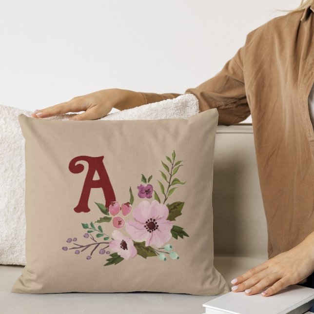 Antique Thanksgiving Floral Custom Monogram Name Throw Pillow (Creator Uploaded)