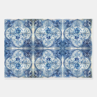 Antique Tile in Delft Blue Wrapping Paper Sheets