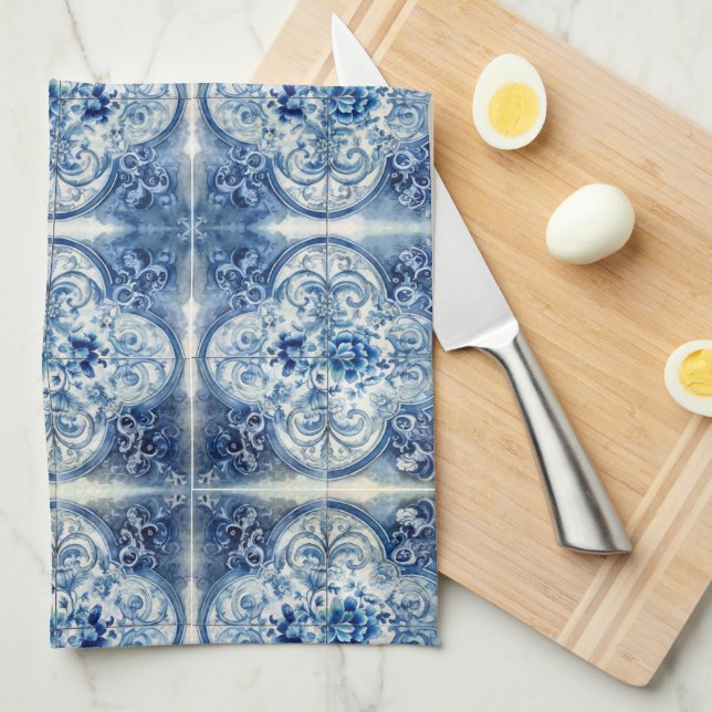 Antique Tiles in Delft Blue  Kitchen Towel (Quarter Fold)