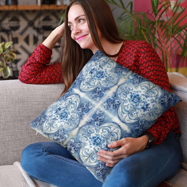 Antique Tiles in Delft Blue  Throw Pillow (Creator Uploaded)