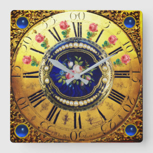 ANTIQUE TIME,PINK ROSES,PEARLS ,BLUE GEMSTONES SQUARE WALL CLOCK