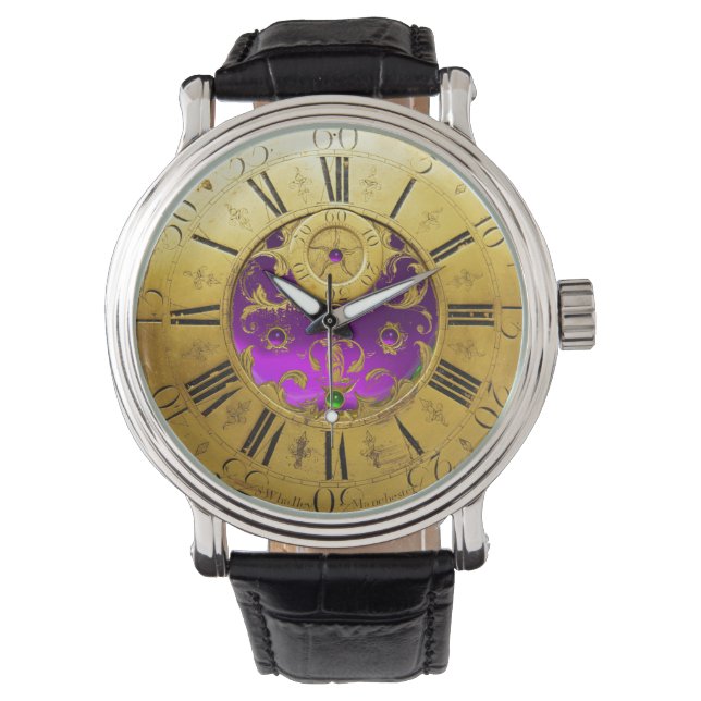 ANTIQUE TIME Purple Amethyst Gemstones,Gold Yellow Watch (Front)