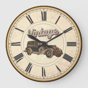 ANTIQUE TIME ROMAN NUMERALS VINTAGE CAR LARGE CLOCK
