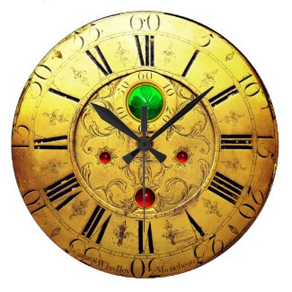 Antique Time,Shamrocks,Ruby Gemstones,Gold Yellow Large Clock