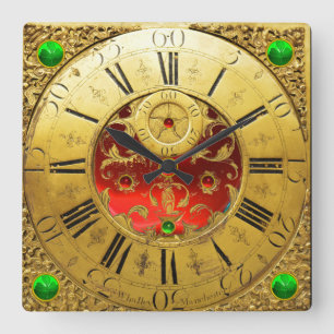 Antique Time,Shamrocks,Ruby Gemstones,Gold Yellow Square Wall Clock