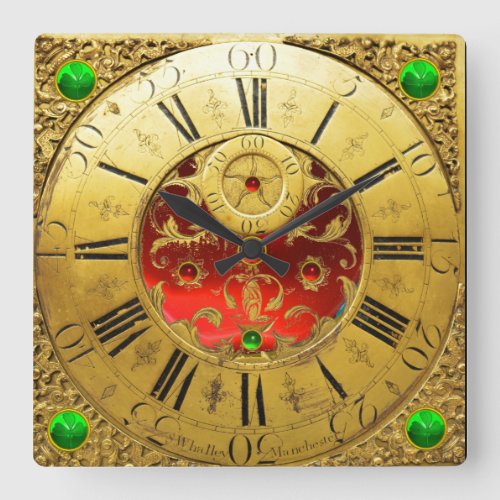 Antique TimeShamrocksRuby GemstonesGold Yellow Square Wall Clock