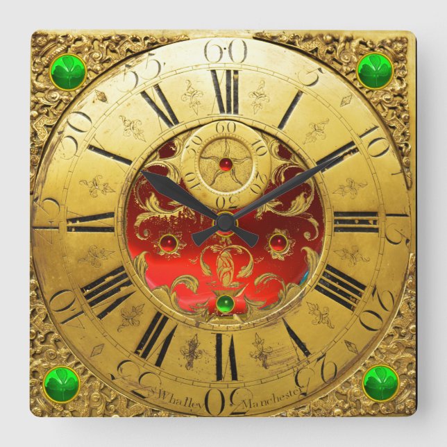 Antique Time,Shamrocks,Ruby Gemstones,Gold Yellow Square Wall Clock (Front)