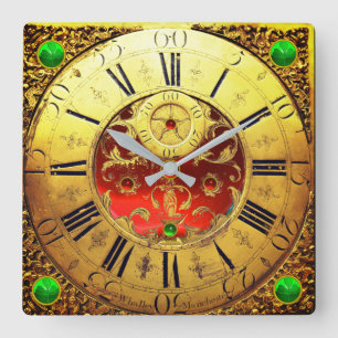 Antique Time,Shamrocks,Ruby Gemstones Gold Yellow Square Wall Clock