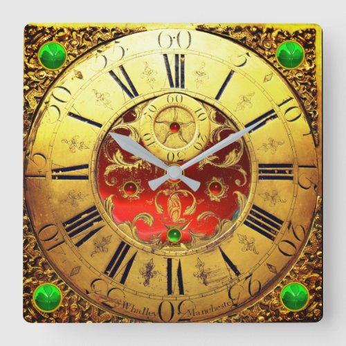 Antique TimeShamrocksRuby Gemstones Gold Yellow Square Wall Clock