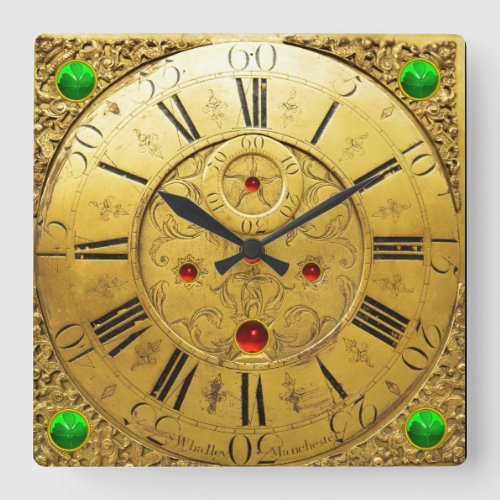 Antique TimeShamrocksRuby GemstonesGold Yellow Square Wall Clock