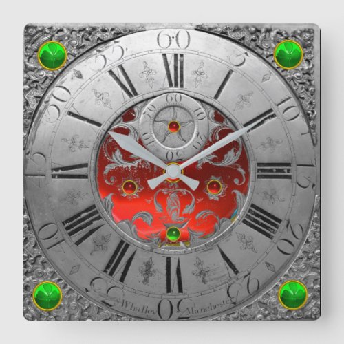 Antique TimeShamrocksRuby Gemstones Silver Square Wall Clock