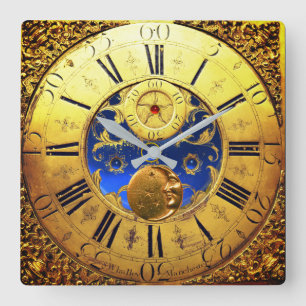 ANTIQUE TIME ,Sun, Moon,Stars,Blue Gem,Gold Yellow Square Wall Clock