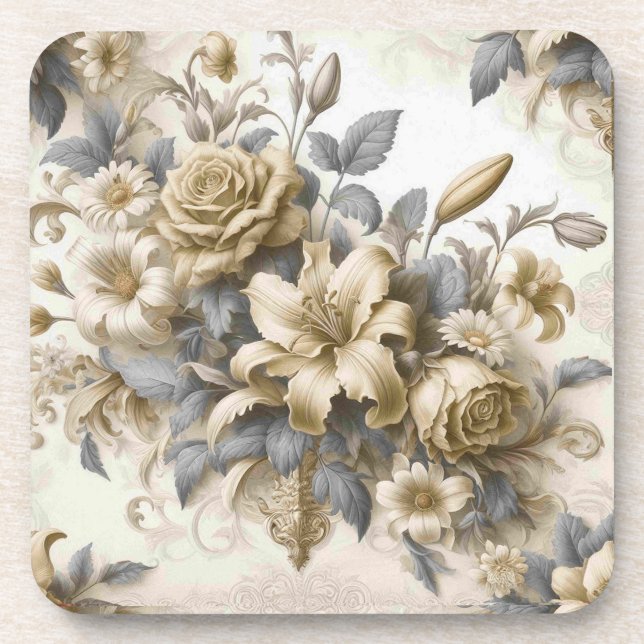 Antique Tinge Yellow Floral Perfection Beverage Coaster (Front)