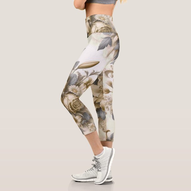 Antique Tinge Yellow Floral Perfection Capri Leggings (Left)